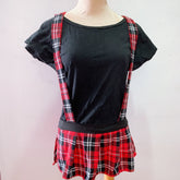 (BRAND NEW) 2pc Red Plaid Tartan Suspenders Black Top