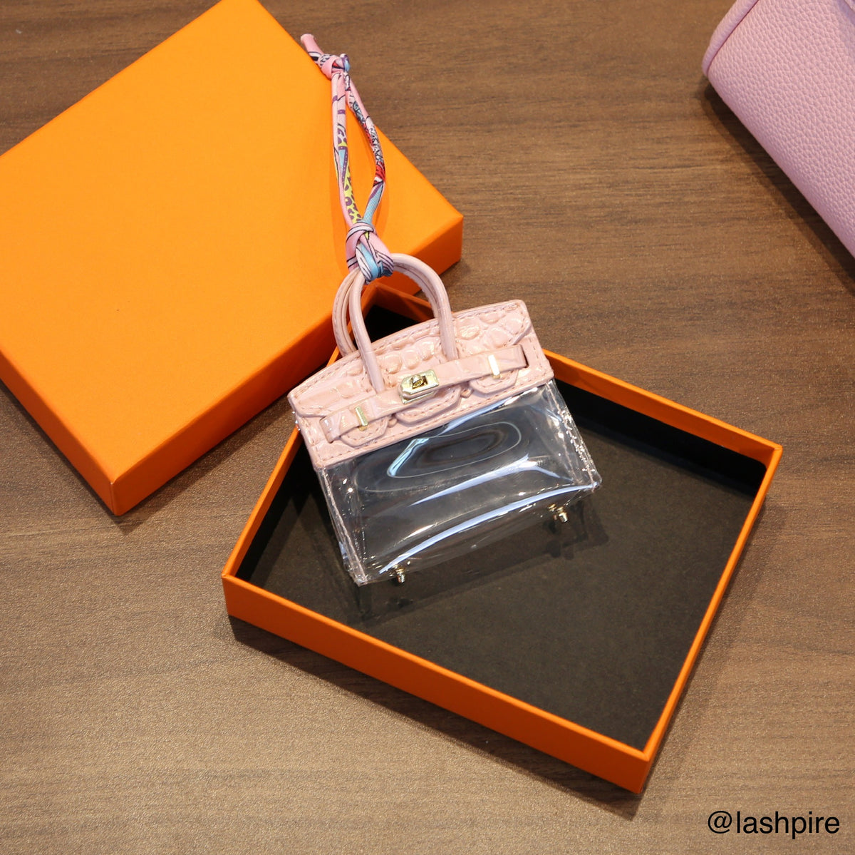 LASHPIRE® Designer Luxury Bag Charm Leather Mini Handbag BK Transparent Candy Birkin H Bag Charm Pendant Car Keychain Earphone Makeup Miniature Bag